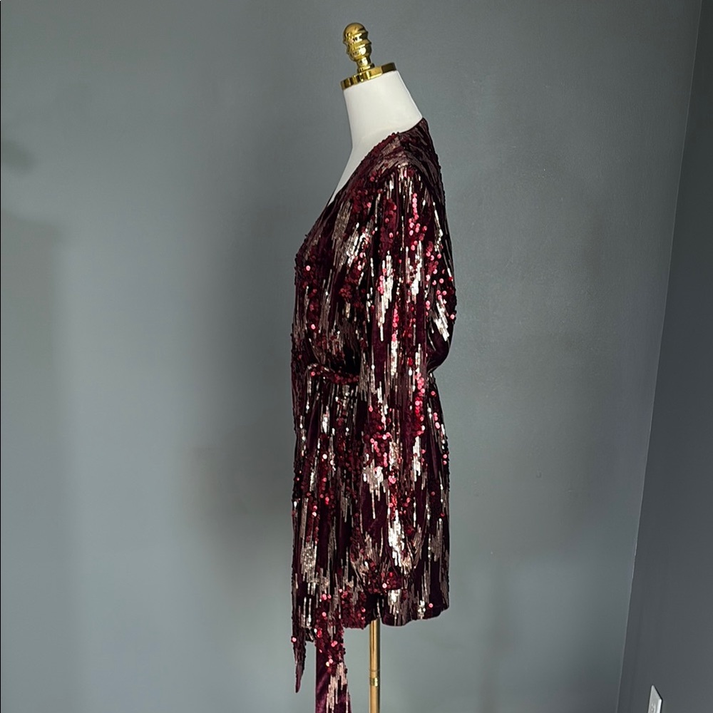 Lena Elegant Burgundy Sequin Wrap Dress - Picture 6 of 8